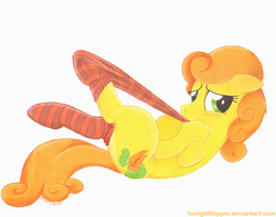 Size: 1100x865 | Tagged: safe, artist:foxxy-arts, carrot top, golden harvest, pony, g4, clothes, cute, cutie top, female, mouth hold, on back, socks, solo, striped socks, traditional art, underhoof, undressing