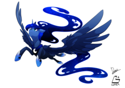 Size: 3507x2480 | Tagged: safe, artist:dormin-dim, princess luna, g4, female, flying, high res, simple background, solo, spread wings