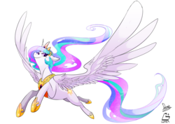Size: 3507x2480 | Tagged: safe, artist:dormin-dim, princess celestia, g4, female, flying, high res, simple background, solo, spread wings