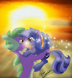 Size: 600x643 | Tagged: safe, artist:pen-mightier, princess luna, spike, alicorn, dragon, pony, g4, adorable face, beside every great dragon there is a great moon, cute, fanfic art, female, hug, love, lunabetes, male, older, older spike, romance, s1 luna, ship:spiluna, shipping, straight, sunset, teenage spike, teenaged dragon, teenager