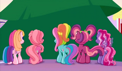 Size: 740x435 | Tagged: safe, screencap, cheerilee (g3), pinkie pie (g3), rainbow dash (g3), starsong, toola-roola, earth pony, pony, g3, g3.5, twinkle wish adventure, butt, ever forever green tree, female, g3 balloonbutt, g3 flowerbutt, g3 rainbutt dash, mare, plot, rear view