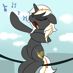 Size: 600x600 | Tagged: safe, artist:datte-before-dawn, oc, oc only, oc:velvet remedy, pony, unicorn, fallout equestria, behaving like a bird, belly button, cute, eyes closed, fanfic, fanfic art, female, floppy ears, hooves, horn, mare, music notes, open mouth, power line, singing, sitting, smiling, solo