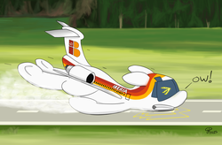 Size: 1280x840 | Tagged: safe, artist:goldenpansy, oc, oc only, original species, plane pony, pony, airport, crash, cute, funny, iberia, landing, lithobraking, male, md-80, ouch, plane, solo, underhoof