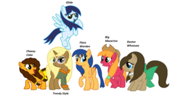 Size: 2036x1166 | Tagged: safe, artist:t-mack56, big macintosh, cheese sandwich, doctor whooves, flash sentry, soarin', time turner, trenderhoof, earth pony, pony, g4, base used, flare warden, glide, grilled cheese (r63), group shot, macareina, missing cutie mark, names, rule 63, simple background, the doctoress, trend setter, white background