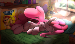 Size: 3500x2050 | Tagged: safe, artist:madacon, applejack, maud pie, pinkie pie, earth pony, pony, g4, bed, female, five nights at freddy's, high res, mare, on bed, plushie, rosie the riveter, sleeping, solo, sunlight
