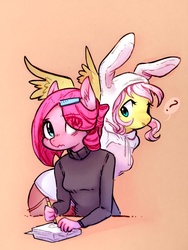 Size: 900x1200 | Tagged: safe, artist:glacierclear, artist:siden, fluttershy, pinkie pie, oc, oc:cottontail, oc:ink blot, anthro, ultimare universe, g4, alternate universe, bunny ears, clothes, hoodie