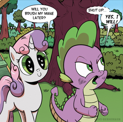Size: 532x525 | Tagged: safe, artist:pony-berserker, spike, sweetie belle, dragon, pony, unicorn, g4, c:, cropped, crush, dialogue, duo, eyes on the prize, female, glare, heart eyes, in love, male, open mouth, ship:spikebelle, shipping, smiling, straight, tsundere, wingding eyes