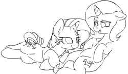 Size: 402x231 | Tagged: safe, artist:yoditax, rarity, trixie, pony, unicorn, g4, belly, black and white, duo, explicit source, female, grayscale, lesbian, lineart, mare, monochrome, rarixie, shipping