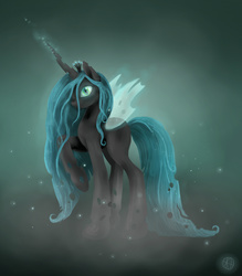Size: 1750x2000 | Tagged: safe, artist:florence-ka, queen chrysalis, changeling, changeling queen, g4, crown, female, jewelry, magic, raised hoof, regalia, solo