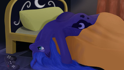 Size: 1600x900 | Tagged: safe, artist:frenkieart, princess luna, g4, bed, bored, controller, female, on back, solo