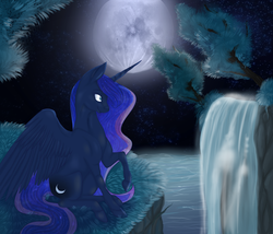 Size: 2100x1800 | Tagged: safe, artist:gloriajoy, princess luna, g4, female, moon, night, sitting, solo, spread wings, water, waterfall