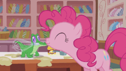 Size: 499x281 | Tagged: safe, screencap, gummy, pinkie pie, alligator, earth pony, pony, g4, the lost treasure of griffonstone, animated, cute, eyes closed, female, grin, heart, kiss on the lips, kissing, mare, mouth hold, platonic kiss, smiling