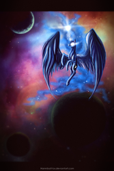 Size: 730x1095 | Tagged: safe, artist:lanteria, princess luna, g4, female, glowing eyes, large wings, magic, planet, solo, space, spread wings