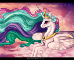 Size: 2000x1640 | Tagged: safe, artist:lanteria, princess celestia, g4, cloud, cloudy, female, prone, solo