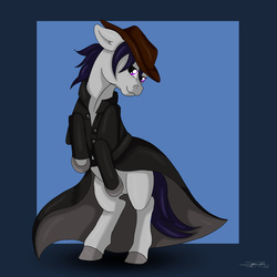 Size: 3000x3000 | Tagged: safe, artist:littlewolfstudios, oc, oc only, oc:nightmfright, pony, clothes, commission, hat, high res, male, rear, solo, stallion, trenchcoat