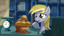 Size: 13222x7469 | Tagged: safe, artist:lightningbarer, derpy hooves, pegasus, pony, g4, slice of life (episode), absurd resolution, basket, female, mare, muffin, scene interpretation, solo, sweatdrop, unshorn fetlocks