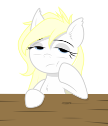 Size: 2000x2343 | Tagged: safe, artist:aryanne, artist:vectorfag, oc, oc only, oc:aryanne, pony, bored, chest fluff, cute, ear fluff, gesture, high res, looking away, simple background, solo, table, tired, transparent background, upper body, vector, vectorfied