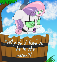 Size: 2500x2714 | Tagged: safe, artist:arcuswind, sweetie belle, pony, robot, robot pony, unicorn, friendship is witchcraft, g4, bath, female, filly, foal, forced bathing, high res, horn, open mouth, solo, sweetie bot, tree