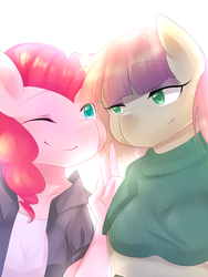 Size: 1500x2000 | Tagged: safe, artist:fire key, maud pie, pinkie pie, earth pony, anthro, g4, cute, pie sisters, wink