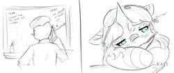 Size: 1123x475 | Tagged: safe, artist:alloyrabbit, oc, oc only, oc:anon, oc:orchid, human, kaiju pony, bored, comic, dialogue, floppy ears, frown, ice pack, phone, sick, sketch, thermometer