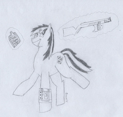 Size: 1599x1527 | Tagged: safe, artist:pommelsketches, oc, oc only, oc:blackjack, fallout equestria, fallout equestria: project horizons, alcohol, drunk, gun, happy, shotgun, simple background, weapon, whiskey