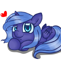 Size: 3000x3000 | Tagged: safe, artist:katkakakao, princess luna, g4, cute, female, filly, heart, high res, looking at you, lunabetes, prone, simple background, smiling, solo, transparent background, woona, younger