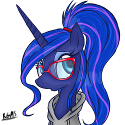 Size: 3000x3000 | Tagged: safe, artist:katkakakao, princess luna, g4, alternate hairstyle, clothes, female, glasses, high res, hoodie, ponytail, simple background, solo