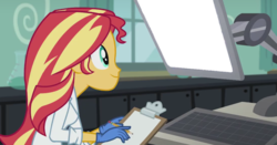 Size: 1044x545 | Tagged: safe, edit, edited screencap, screencap, sunset shimmer, equestria girls, g4, my little pony equestria girls: friendship games, the science of magic, computer, feels like i'm wearing nothing at all, sunset the science gal, sunset's computer, template