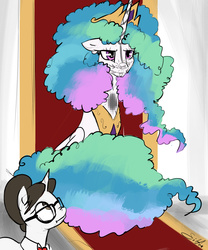 Size: 1280x1536 | Tagged: safe, artist:silfoe, princess celestia, raven, alicorn, pony, unicorn, royal sketchbook, g4, :i, :t, afro, body writing, boop, celestia is not amused, censorship, duo, face doodle, floppy ears, frizzy hair, frolestia, frown, nose wrinkle, sitting, throne, unamused, wide eyes