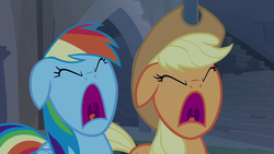 Size: 1280x720 | Tagged: safe, screencap, applejack, rainbow dash, castle mane-ia, g4, my little pony: friendship is magic, screaming