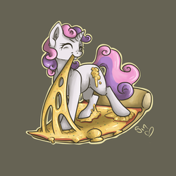 Size: 1000x1000 | Tagged: safe, artist:poisindoodles, sweetie belle, pony, unicorn, g4, cute, eating, female, food, pizza, ponies in food, solo