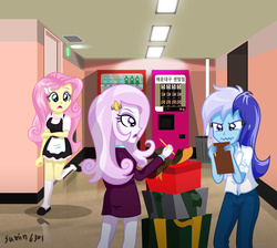 Size: 1761x1580 | Tagged: safe, artist:sumin6301, fleur-de-lis, fluttershy, minuette, equestria girls, g4, clothes, context is for the weak, equestria girls-ified, floor, jeans, korean, lights, maid, pants, pencil, present, shirt, stockings, trash can, vending machine, wavy mouth