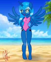 Size: 1500x1800 | Tagged: safe, artist:ribbonbell, princess luna, anthro, unguligrade anthro, g4, beach, clothes, female, hand on hip, one-piece swimsuit, solo, swimsuit