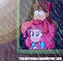 Size: 320x312 | Tagged: safe, artist:the-butch-x, pinkie pie, equestria girls, animated, blinking, clothes, crossover, cute, diapinkes, disney, female, frown, gravity falls, lightning, mabel pines, rain, shirt