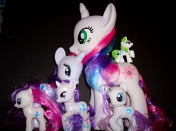 Size: 1014x760 | Tagged: safe, rarity, g4, blind bag, bootleg, brushable, comparison, fashion style, filly, green hair, irl, photo, rainbow power, size comparison, styling size, toy