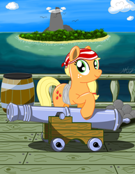 Size: 1400x1800 | Tagged: safe, artist:mew-drops, applejack, g4, cannon, female, island, ocean, pirate, ship, solo