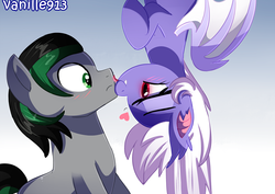 Size: 1280x905 | Tagged: safe, artist:spookyle, oc, oc only, oc:night star, oc:opus magnum, bat pony, earth pony, pony, blushing, female, heart, licking, male, shipping, straight, tongue out, upside down