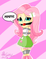 Size: 745x952 | Tagged: safe, artist:gaggeddude32, fluttershy, human, equestria girls, g4, ballgag, bondage, bound and gagged, clothes, cutie mark on clothes, duct tape, female, gag, hands behind back, muffled moaning, signature, skirt, socks, solo, speech bubble, tape, tape bondage