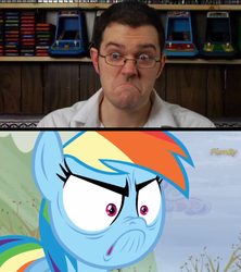 Size: 640x720 | Tagged: safe, rainbow dash, human, g4, angry, angry video game nerd, comparison, do i look angry, irl, irl human, photo