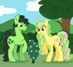 Size: 5000x4568 | Tagged: safe, artist:princess-madeleine, oc, oc only, oc:heath, oc:woodland spring, earth pony, pony, unicorn, absurd resolution, cutie mark, flower, nature, tree