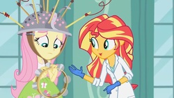 Size: 1366x768 | Tagged: safe, screencap, fluttershy, sunset shimmer, equestria girls, g4, my little pony equestria girls: friendship games, the science of magic, colander, female, sunset the science gal