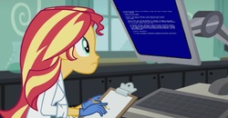 Size: 1044x544 | Tagged: safe, screencap, sunset shimmer, equestria girls, g4, my little pony equestria girls: friendship games, the science of magic, blue screen of death, clipboard, clothes, computer, exploitable meme, female, inverted mouth, lab coat, meme, pencil, rubber gloves, solo, sunset the science gal, sunset's computer