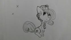 Size: 1280x720 | Tagged: safe, artist:tjpones, oc, oc only, oc:brownie bun, earth pony, pony, horse wife, cheek fluff, clothes, cutie mark, dress, ear fluff, female, flower, flower in hair, grayscale, mare, monochrome, sitting, solo, traditional art