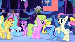 Size: 1280x720 | Tagged: safe, edit, edited screencap, screencap, amethyst star, bon bon, cherry berry, daisy, flower wishes, lemon hearts, lightning bolt, linky, lyra heartstrings, minuette, shoeshine, sparkler, sunshower raindrops, sweetie drops, white lightning, pegasus, pony, friendship is magic, g4, background pony, bon bon is amused, female, mare, taiwan