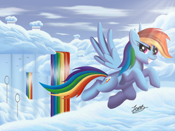 Size: 2000x1500 | Tagged: safe, artist:duskie-06, rainbow dash, pegasus, pony, g4, cloud, cloudsdale, female, flying, grin, hoop, mare, outdoors, rainbow, rainbow waterfall, signature, sky, smiling, solo, spread wings, wings