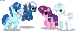 Size: 2336x996 | Tagged: dead source, safe, artist:asika-aida, double diamond, night glider, party favor, sugar belle, earth pony, pegasus, pony, unicorn, g4, equal four, female, flying, group, male, mare, quartet, stallion