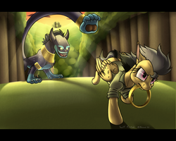 Size: 1280x1024 | Tagged: safe, artist:arceus55, ahuizotl, daring do, daring don't, g4, my little pony: friendship is magic, season 4, letterboxing, mouth hold, rings of scorchero, running