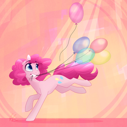Size: 1024x1024 | Tagged: dead source, safe, artist:lolepopenon, pinkie pie, earth pony, pony, g4, balloon, cute, female, gritted teeth, looking back, mouth hold, running, solo, whoops