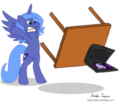 Size: 997x801 | Tagged: safe, artist:ambroise-dart, artist:sketchinetch, edit, princess luna, pony, g4, angry, bipedal, computer, female, glare, gritted teeth, laptop computer, rage quit, s1 luna, simple background, solo, spread wings, table flip, transparent background