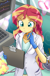 Size: 1422x2152 | Tagged: safe, artist:ryou14, sunset shimmer, butterfly, equestria girls, friendship games, g4, the science of magic, apple, clipboard, clothes, female, lab coat, pencil, rubber gloves, solo, sunset the science gal